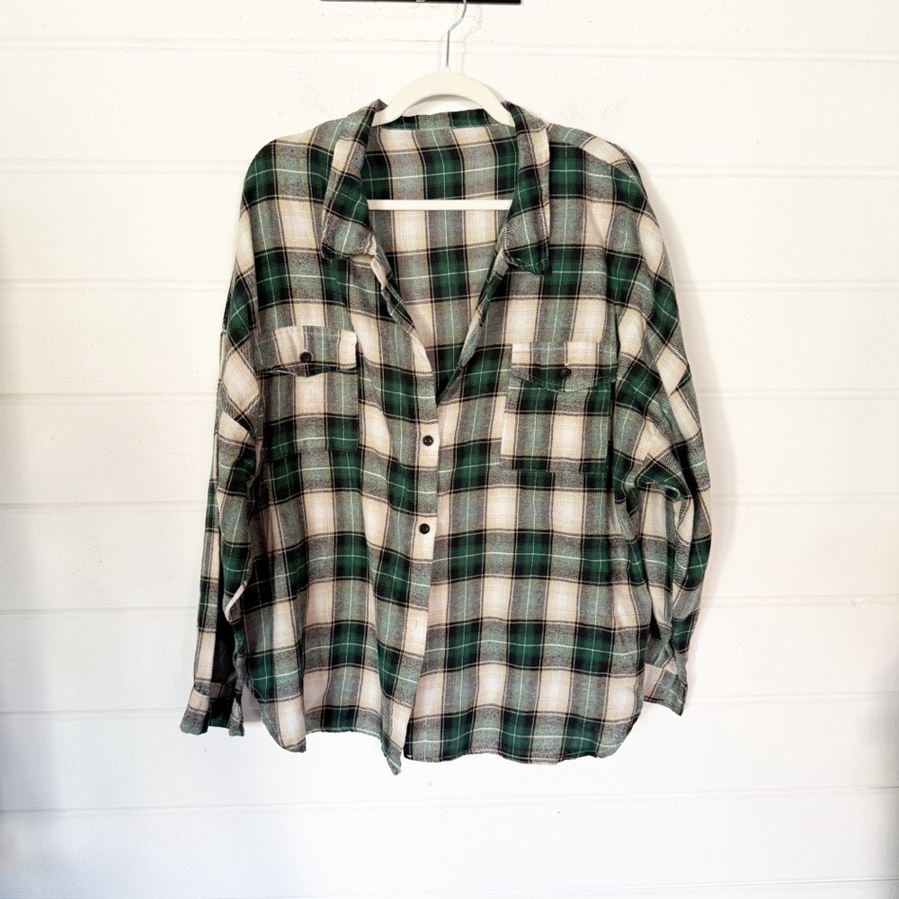 Unisex Green Plaid Long Sleeve Button Down Shirt Size XL